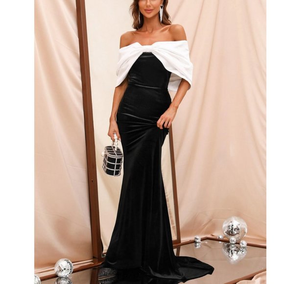 Color Block Off Shoulder Ruched Bust Velvet Prom Dress black - Picture 1 of 8